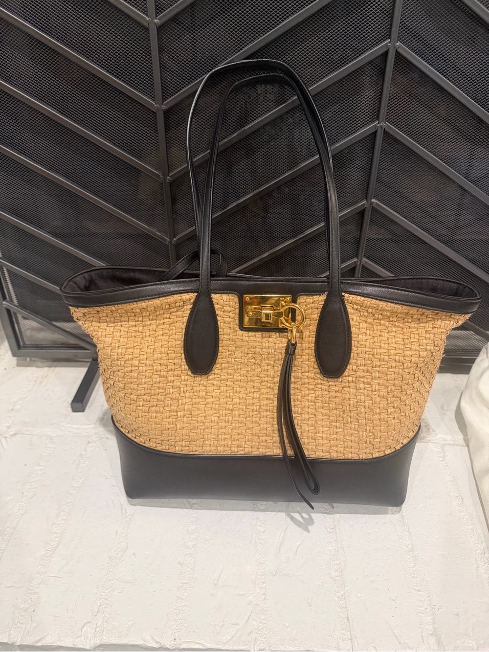 Salvatore Ferragamo Raffia and Black Leather Tote with Pouch